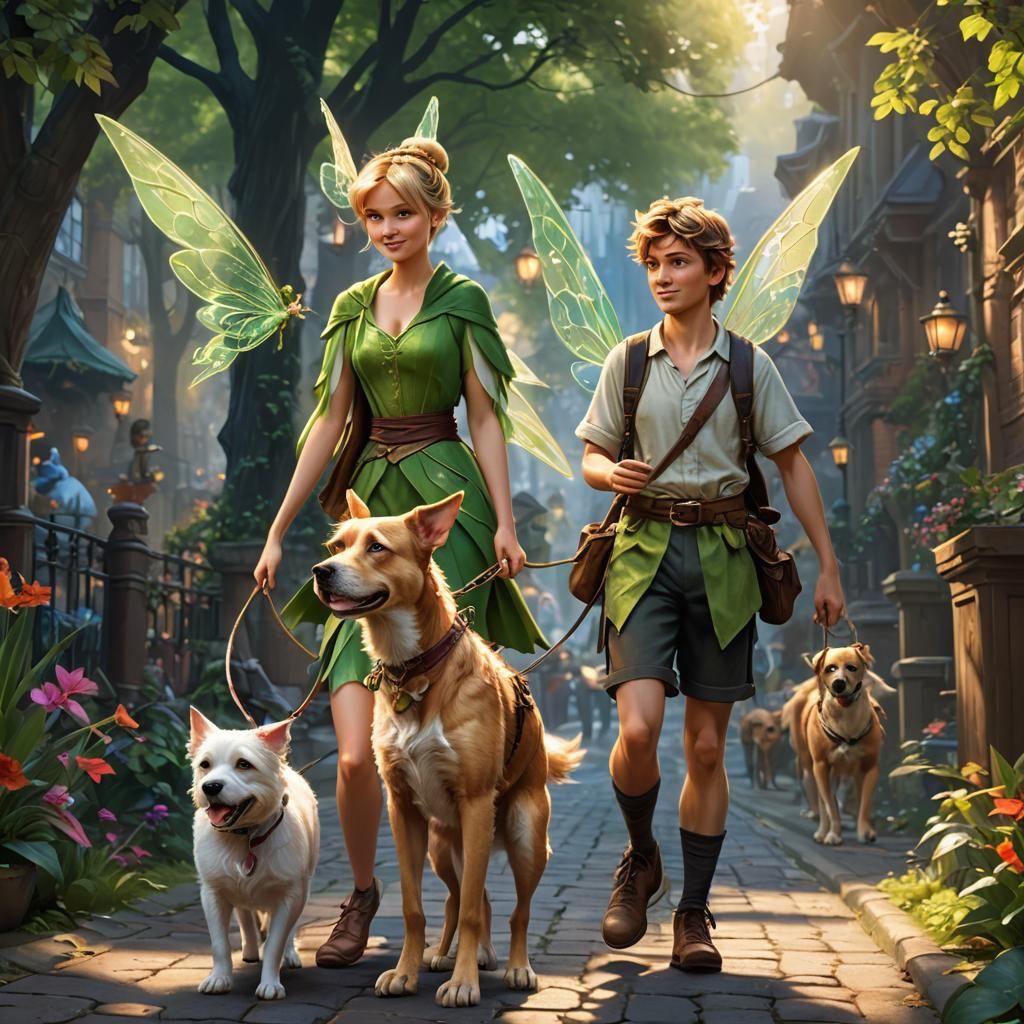 Tinkerbell and peter pan walking their dog