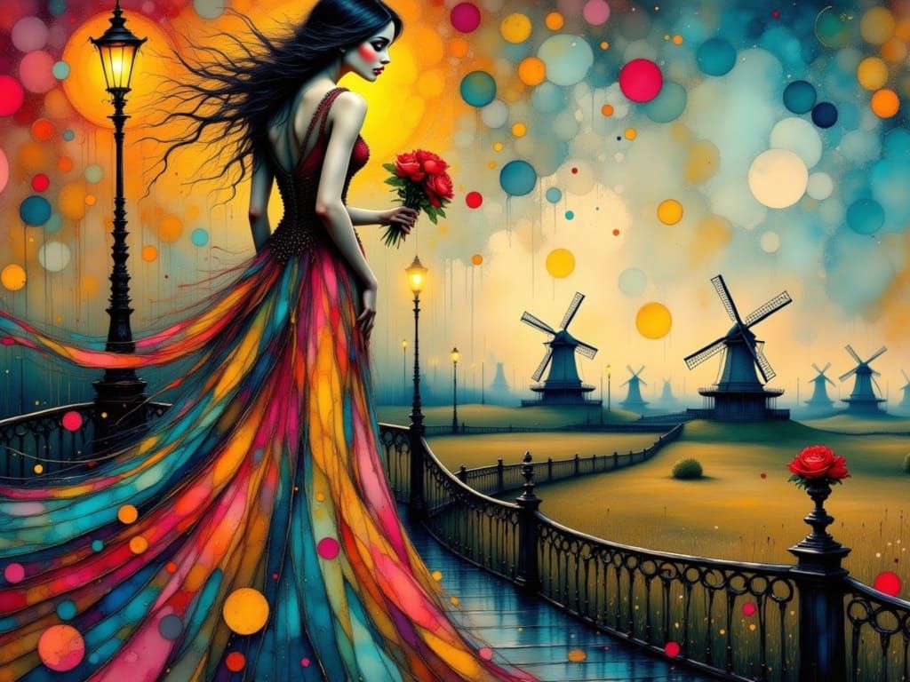 <lora:Lauras Romance:1.0> <lora:Laura:1.0> abstract surreal a woman with detailed face and long flowing hair with Dutch windmills in the bac...