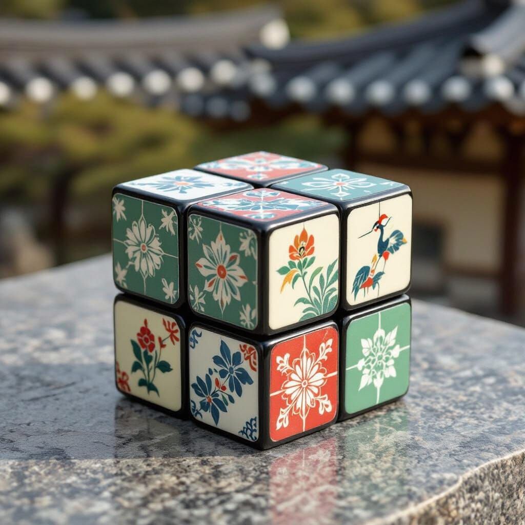 Ultra-high-resolution (8K) photo-realistic image of a Rubik’s Cube, resting on a smooth, neutral surface such as stone or parchment. The cub...