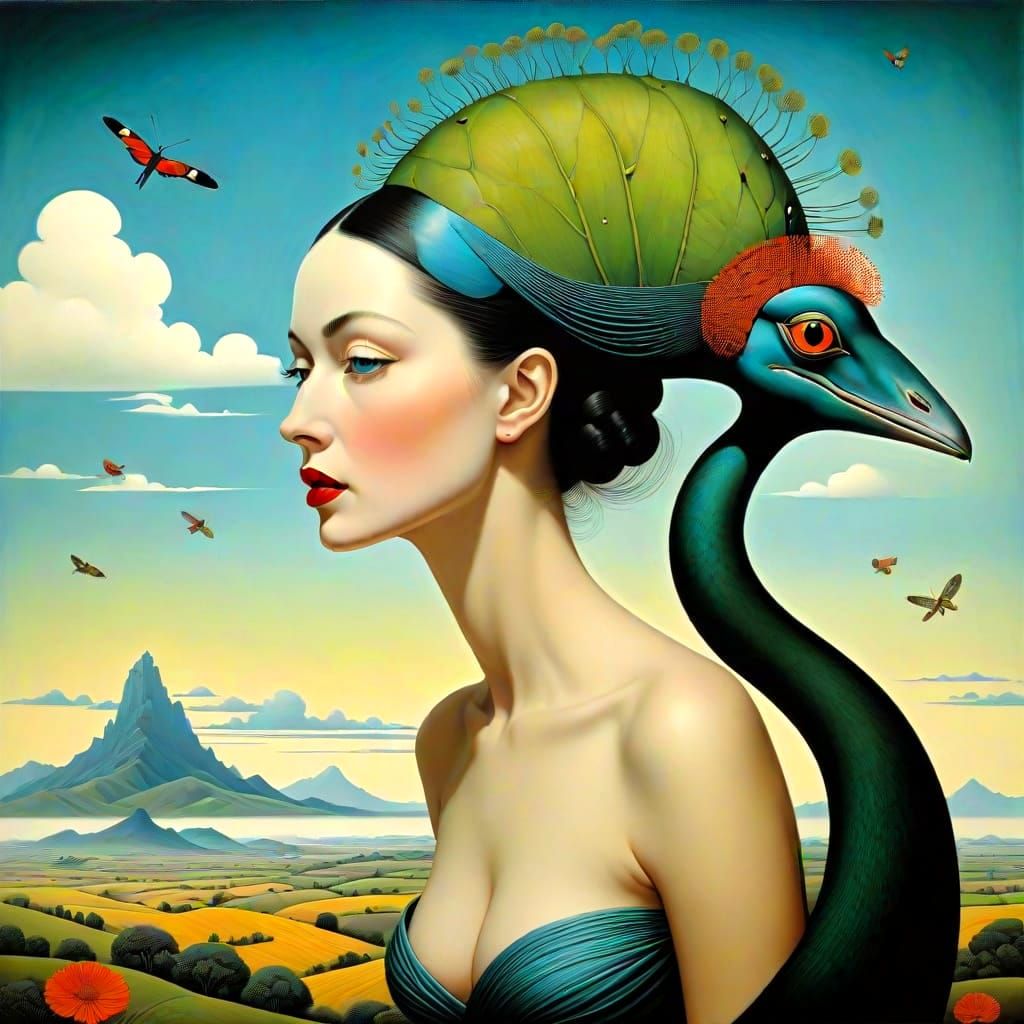 Surreal Lady with Fantastic Creatures in Hyperrealistic Styl...