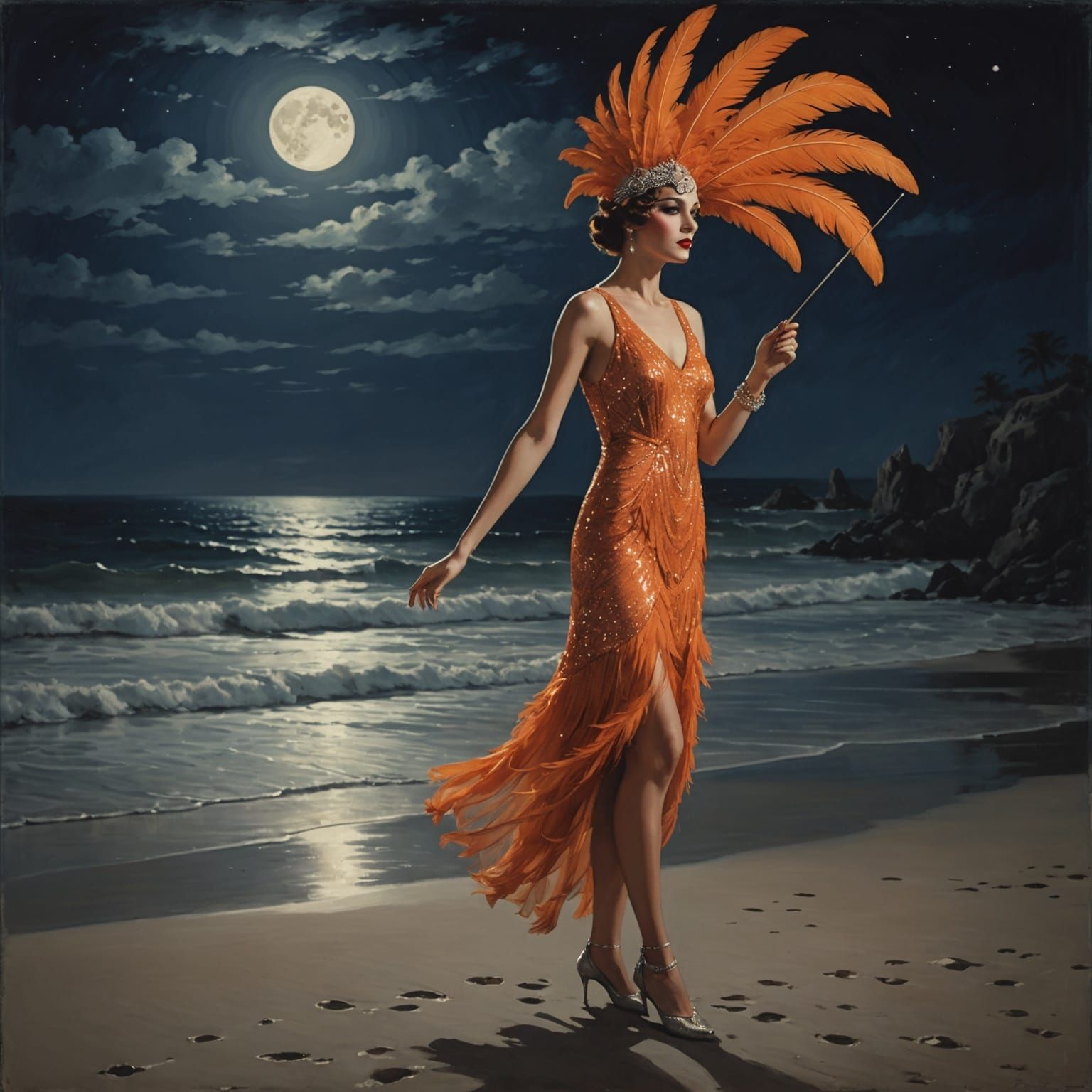 A lone showgirl, dressed in a vibrant orange sequined flapper dress and a dramatic feathered headpiece, ...  by @Glen_Hoban