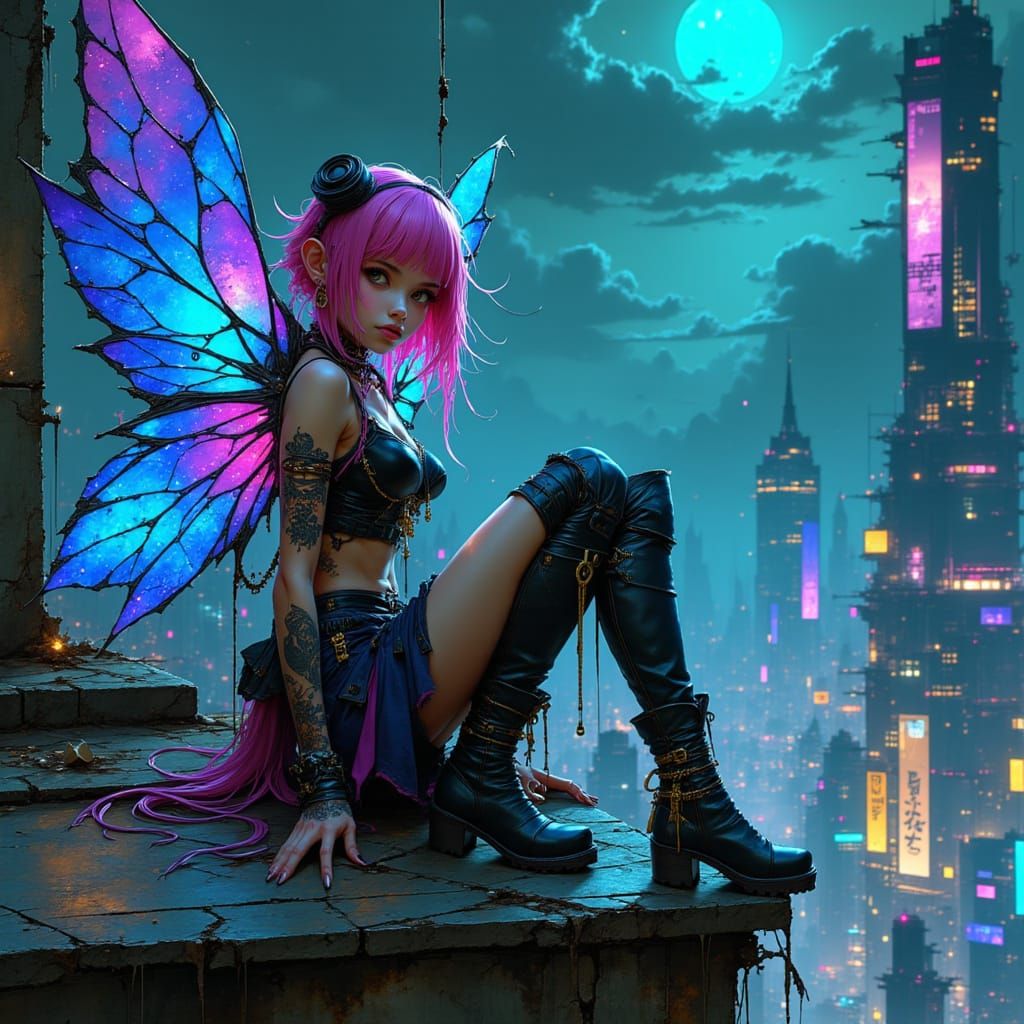 Cyberpunk Whimsy: Enchanting Fairy Amidst Neon Cityscape