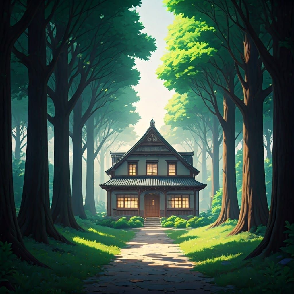 Serenic House in Vibrant Forest with Anime Aesthetic