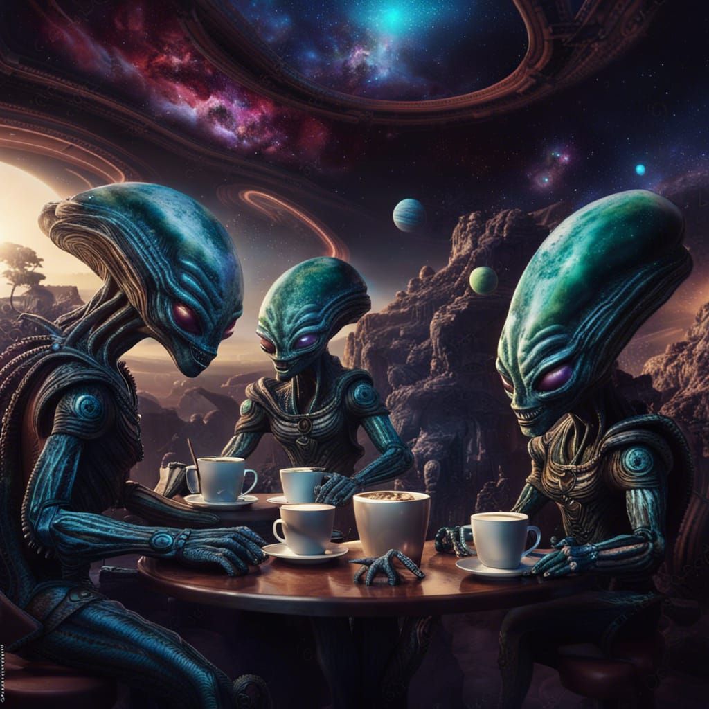 aliens in a starbuck café