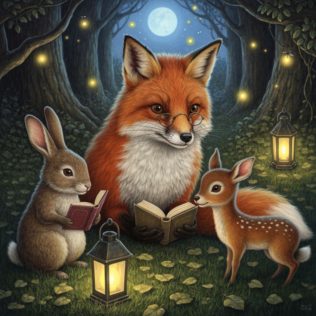 A red fox secretly hosting a midnight book club in a forest clearing, tiny glasses on, glowing lanterns, ...  by @Alien-kitten