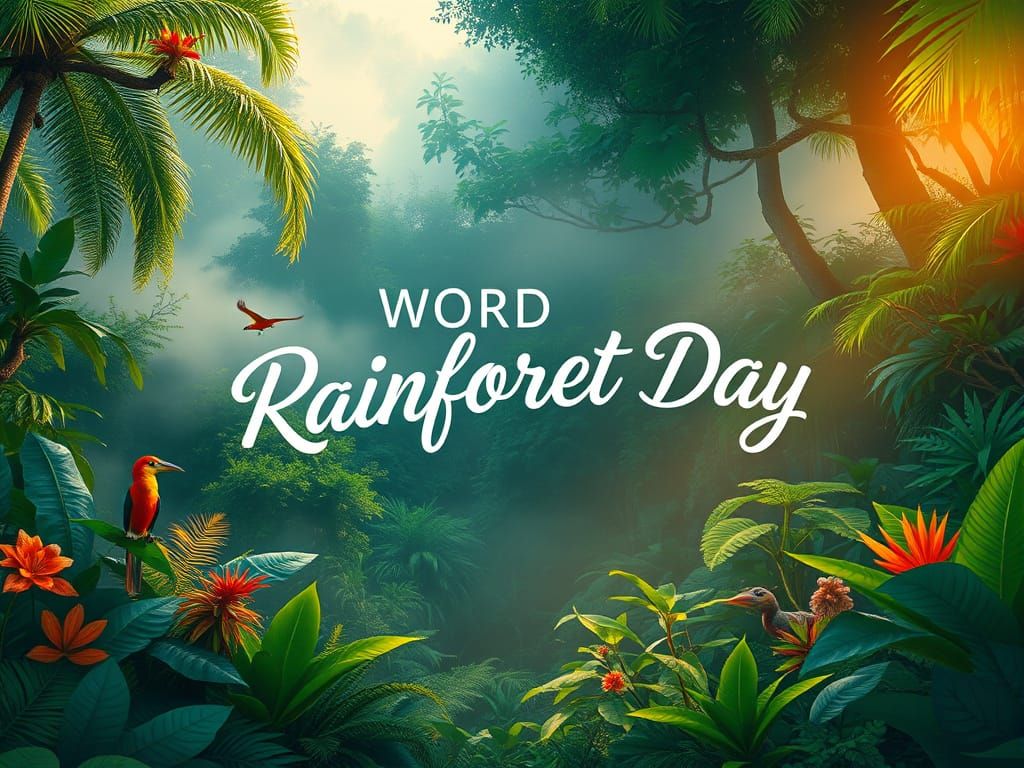 Depict and add the text “World Rainforest Day”