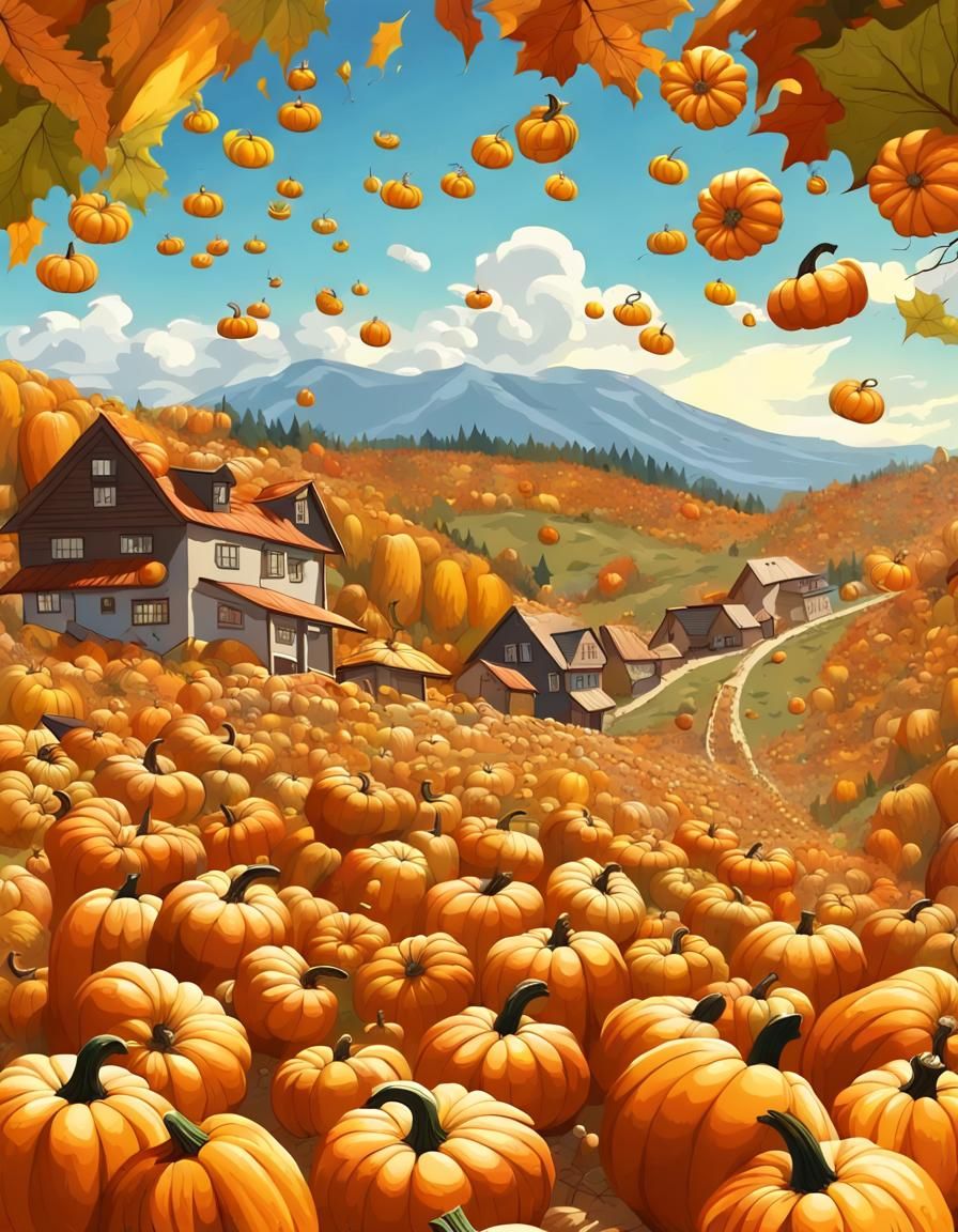 Rain of pumpkins falls on village in the valley, avalanche - AI ...