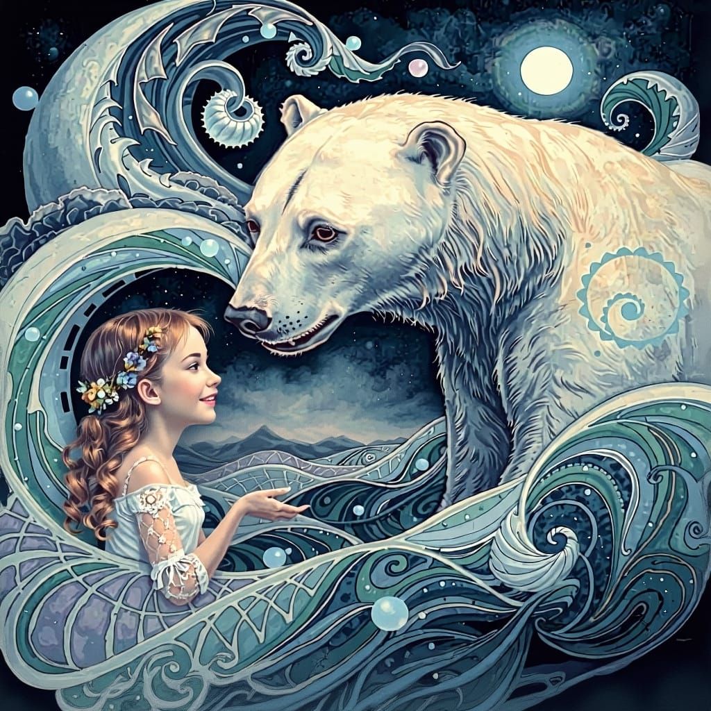  watercolor illustration ;alcohol ink,  opalescent mother of pearl  fractal; wave function; Zentangle;  A young girl, slight smile,  meeting...