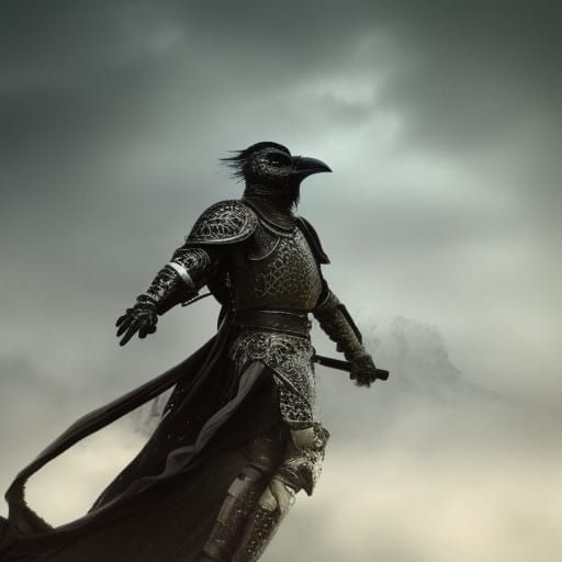 Knight with crow head and blurry background close up