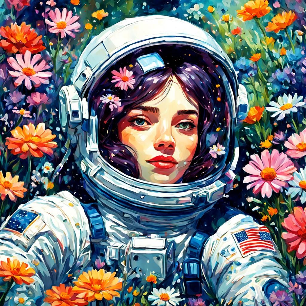 Astronaut Girl in Flower Garden: Impressionist Gouache Style