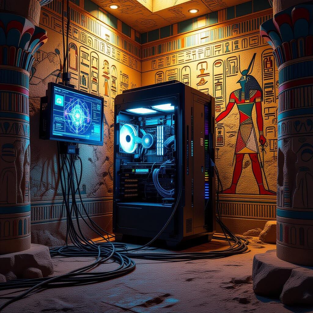 quantum tower PC is inside ancient egyptian tomb .. cables running to an dispay on the wall hieroglyphs allaround