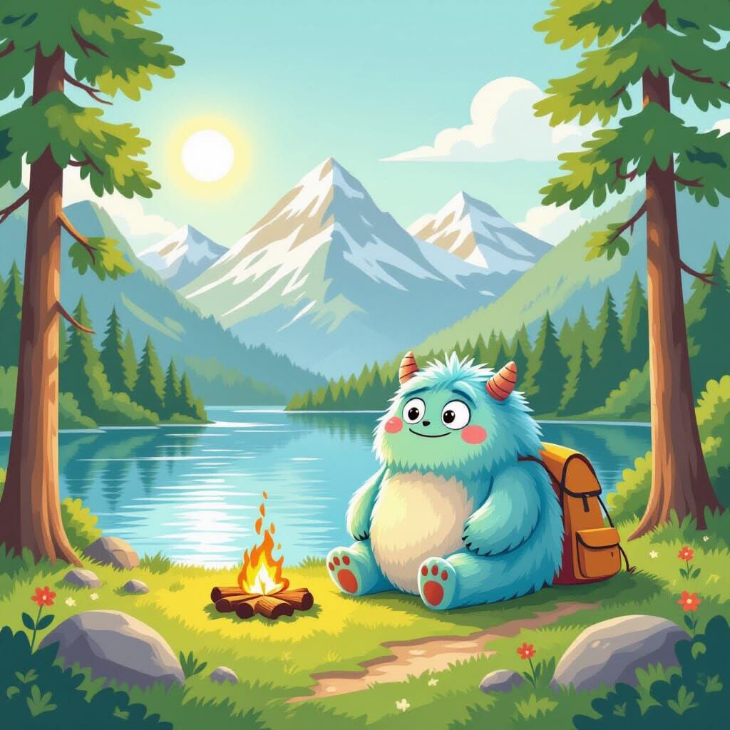 A happy fuzzy and fluffy monster on vacation at a mountain lake camping   by @Melissa Fischer