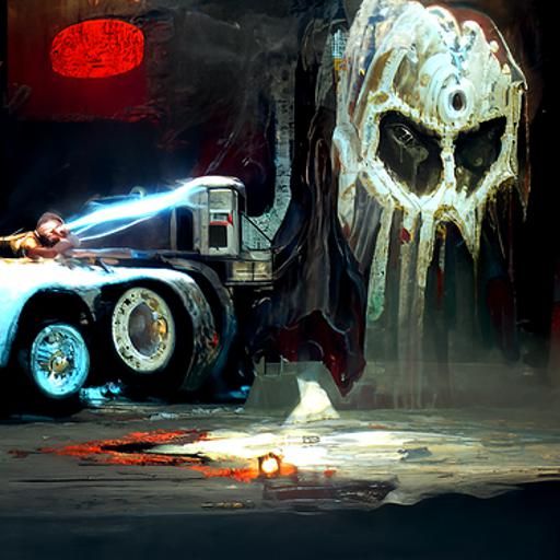A glowing cyborg driving a truck shooting a saw blade at ano...