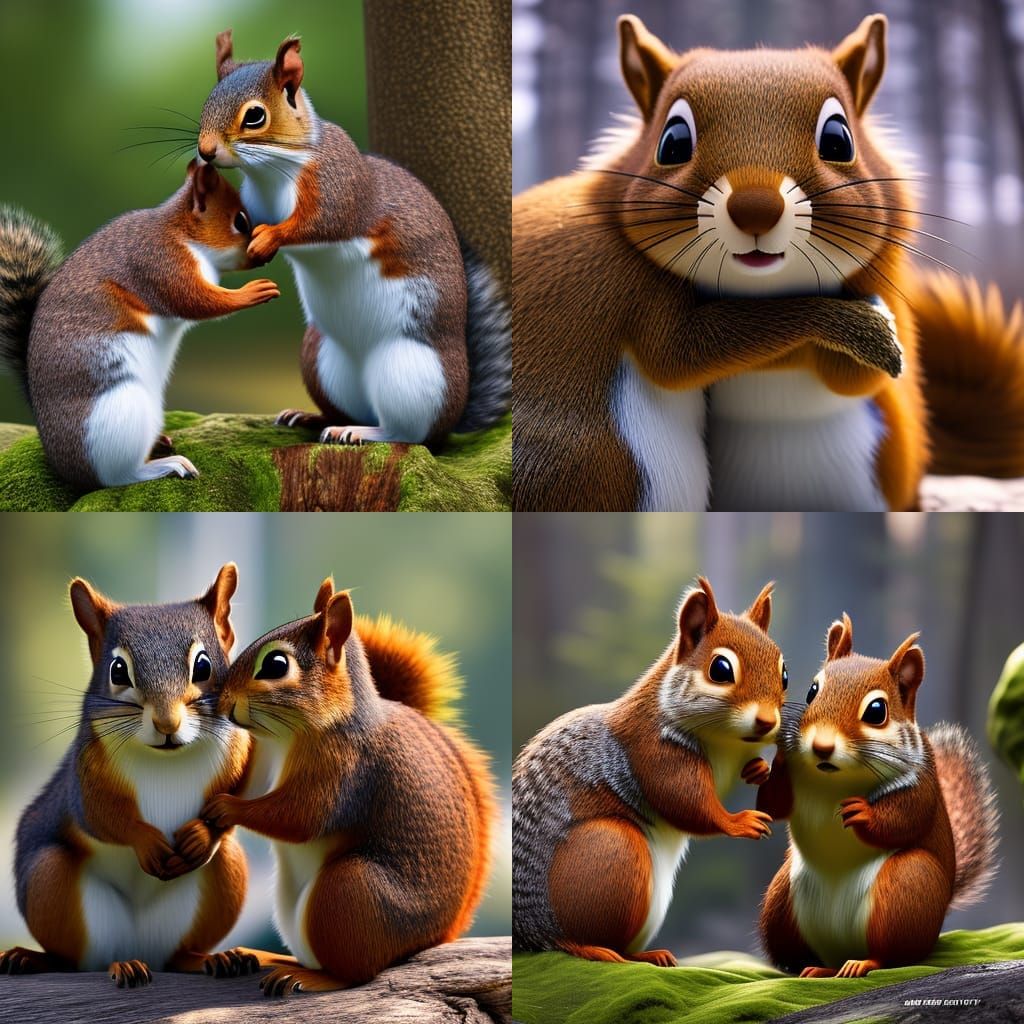 Two squirrels hugging, 3d animation style, pixar, cgi scene of two