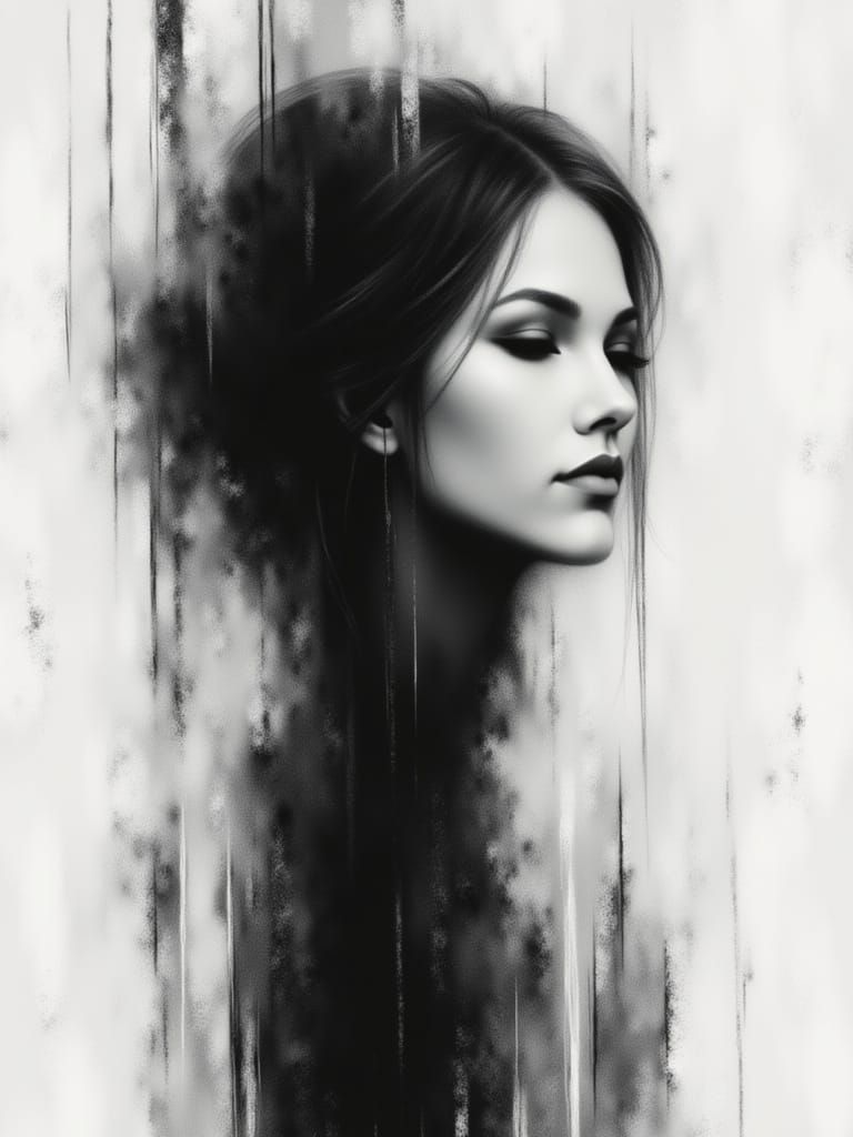 <lora:Messy chalk:1.0> female Half body length, messy chalk, fuzzy vertical lines, stark black and white shapes in background