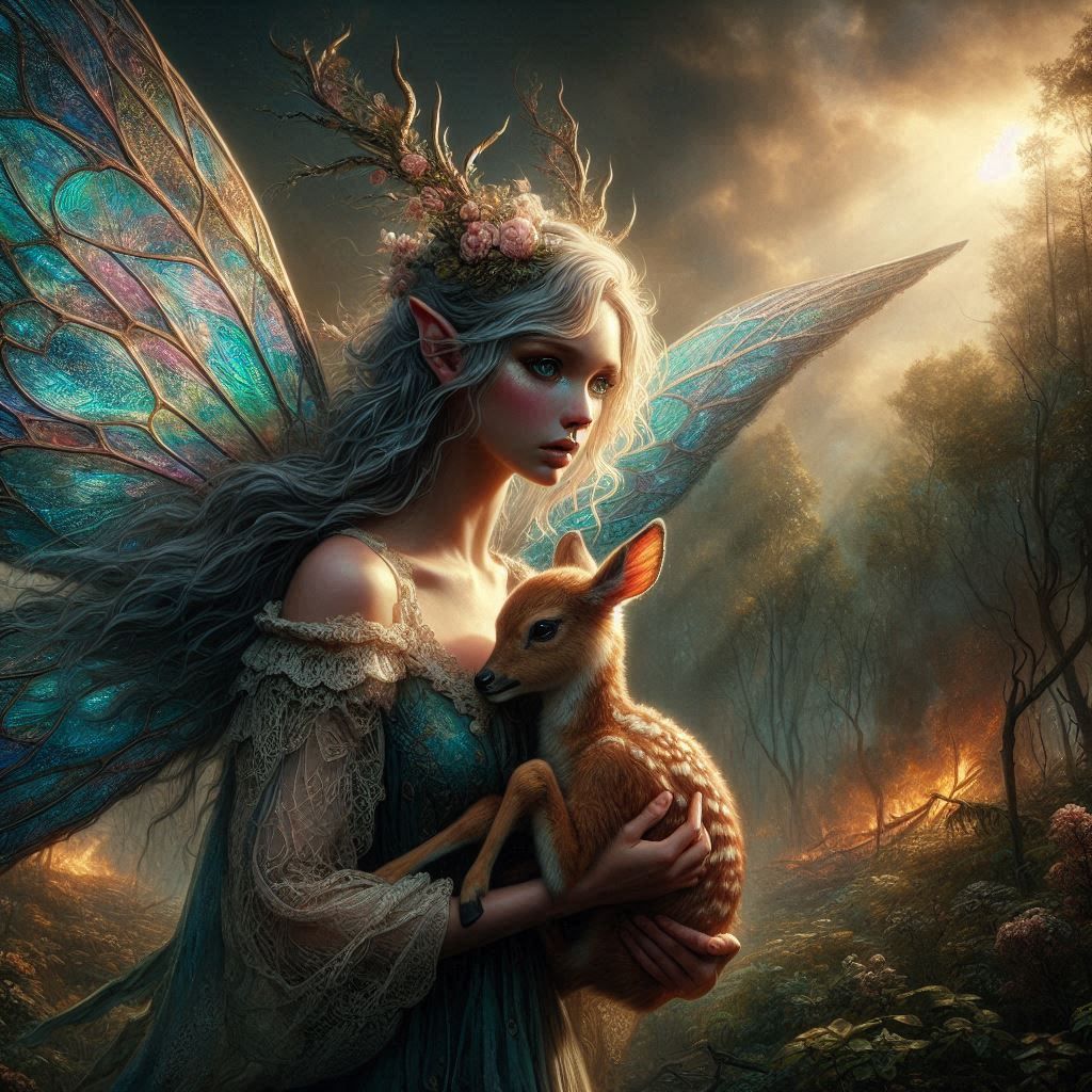 Looking for it's mother in a forest fire.