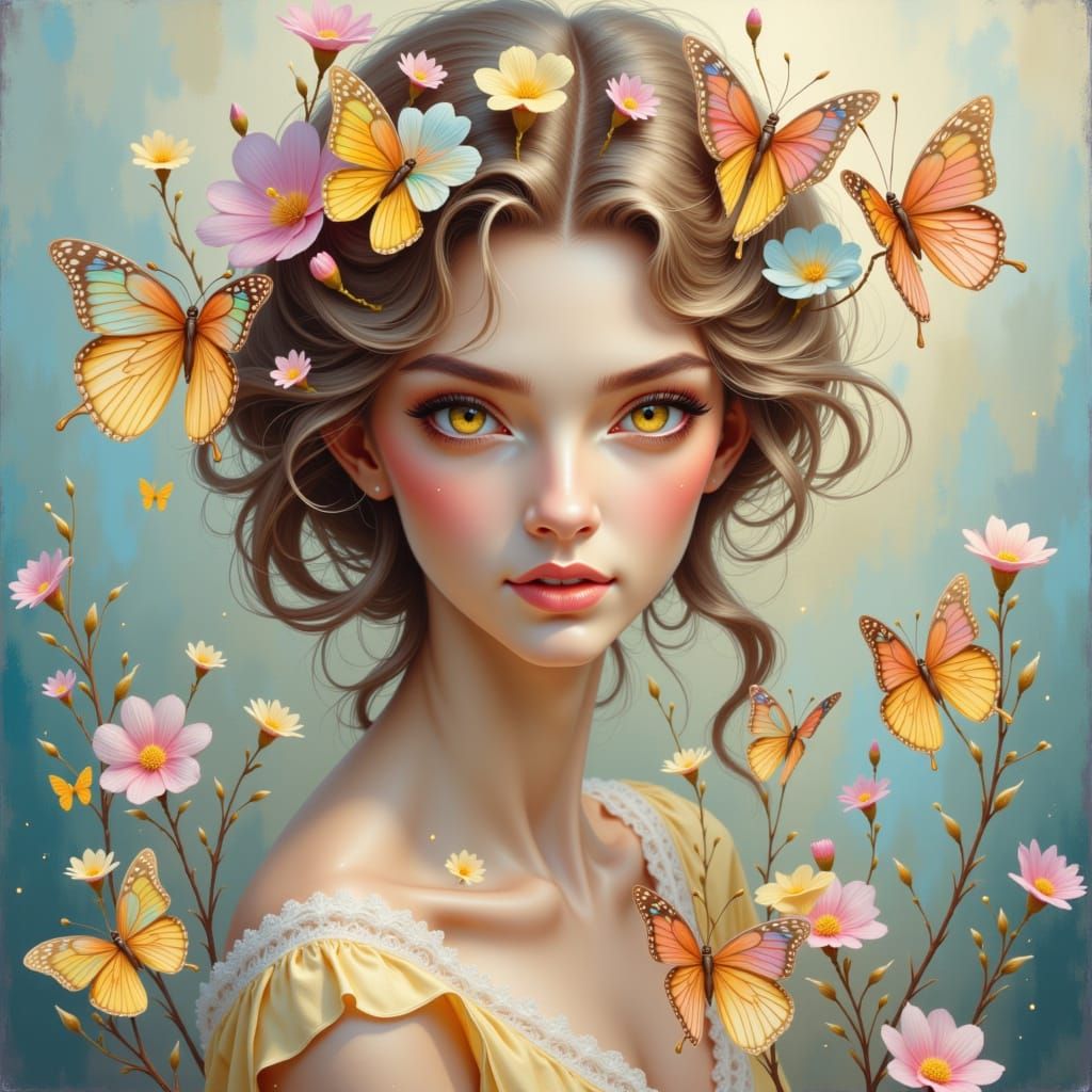 A serene portrait of a woman with flowers woven into her hair, surrounded by softly glowing butterflies. The butterflies flutter gently arou...