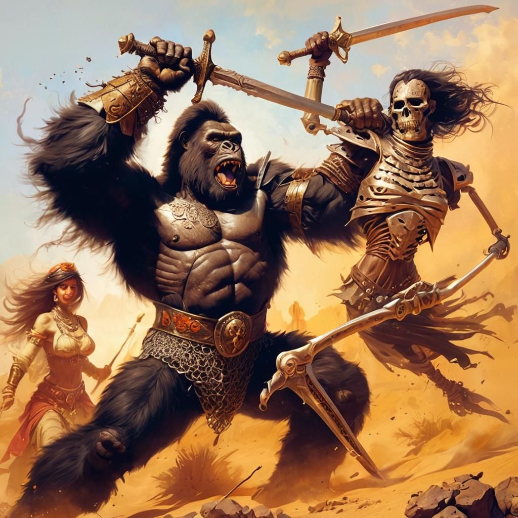 a heroic gorilla, in a desert oasis, a haboob sandstorm loom...