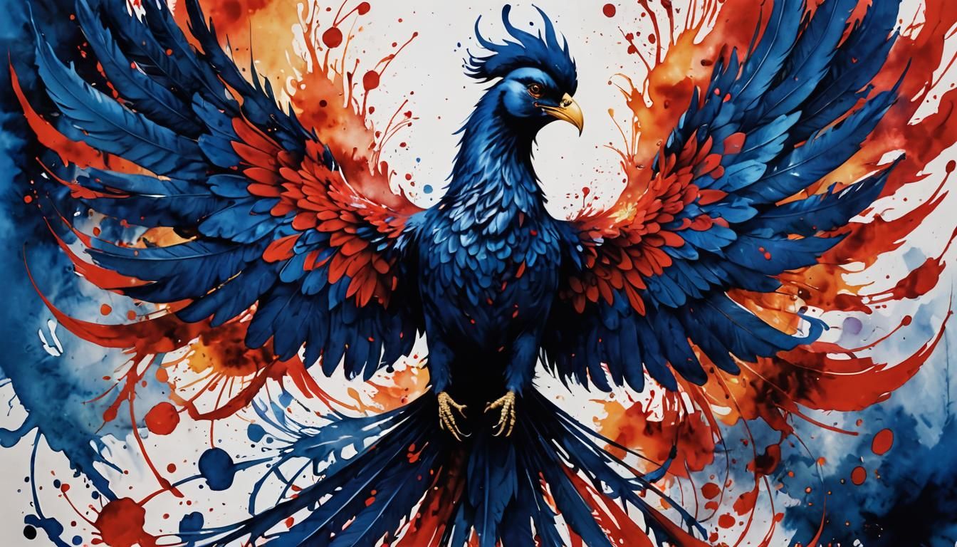 ink splatter that forms a phoenix rising, ink art  by @Ed Evans