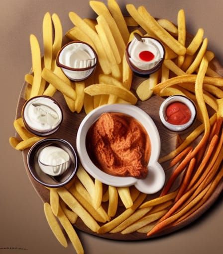 French fry board with dips by Greg Rutkowski detailed matte ...