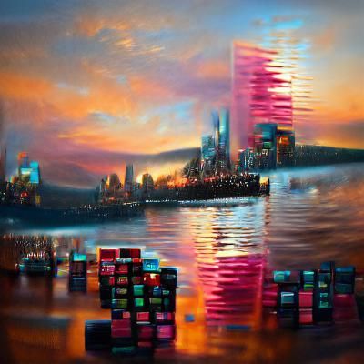 City skyline across the water at sunset by Greg Rutkowski hudson river school Julia Pott acrylic art depth of field volu...