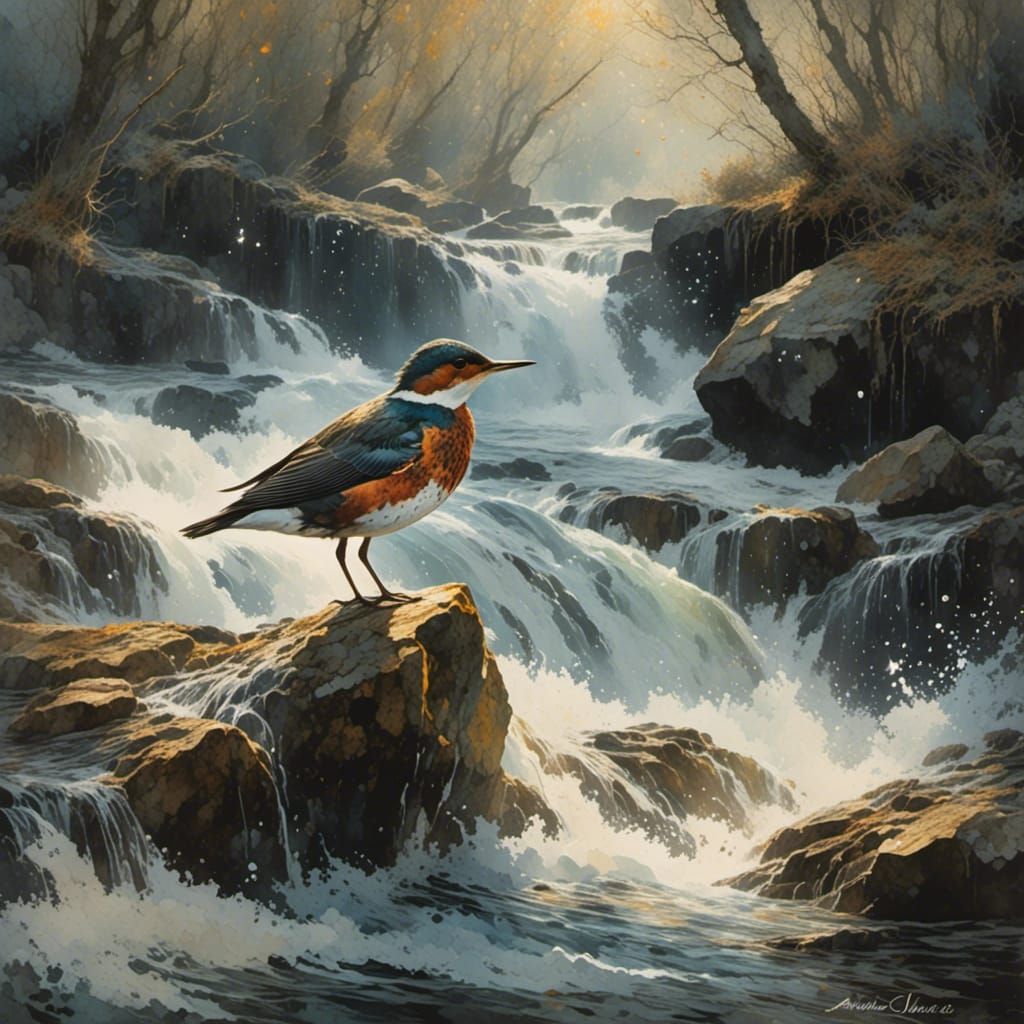 The beautiful dipper (Cinclus cinclus gularis) sits on a stone in the raging torrent, sunshine rays, ...  by @Tina auf der Blumenwiese