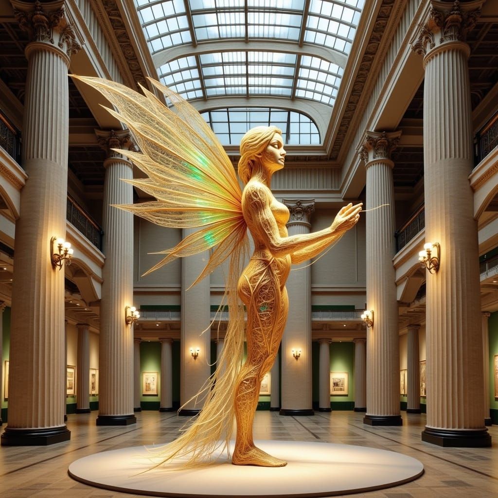<lora:Weird Sculpture:1.0> A sculpture of a beautiful fairy with golden wires standing in a big museum. Surreal, fantasy.