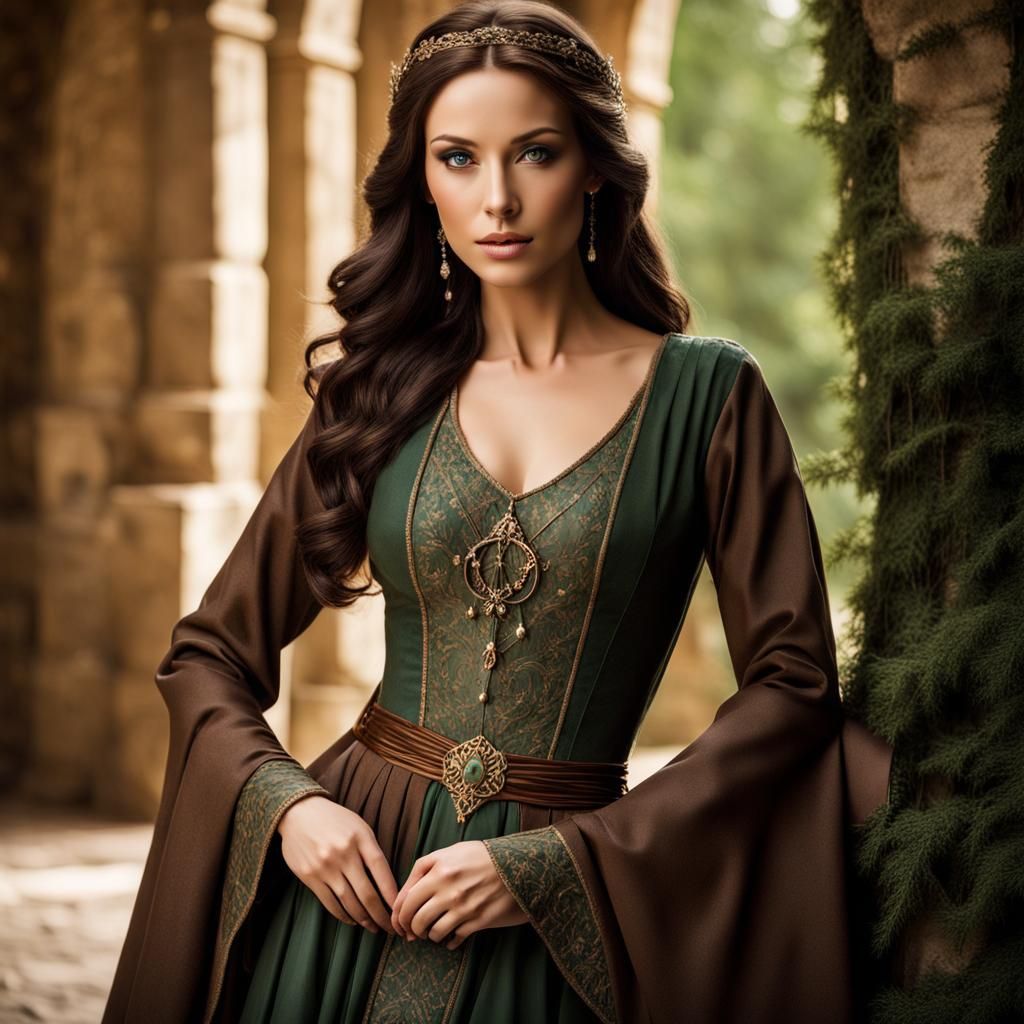 Medieval courtyard, noble gorgeous brunette, stunningly beautiful face ...