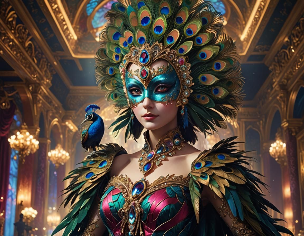 Peacock Woman at Masked Ball with Volumetric Lighting