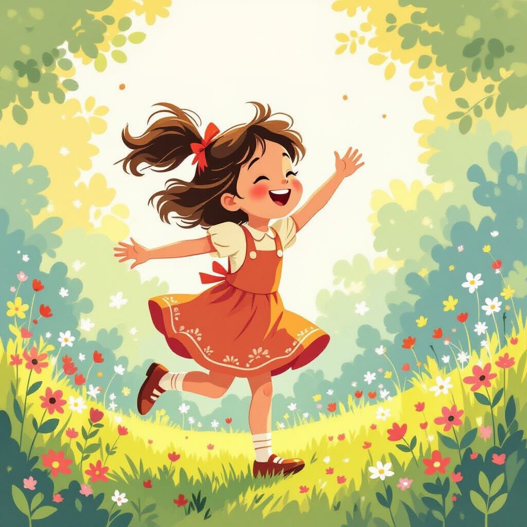 Joyful Girl Skipping in Whimsical Illustrated Style