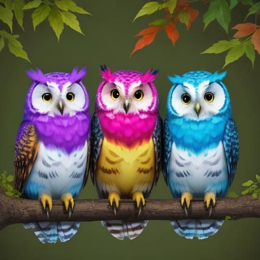 3 cute colorful fluffy owls sitting on a branch.