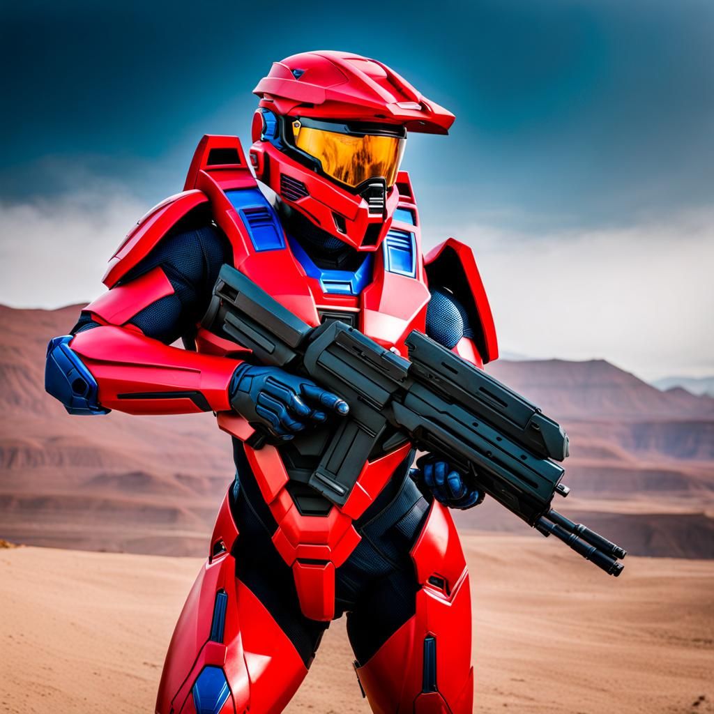 Halo red Spartan with a blue visor 
taking a break