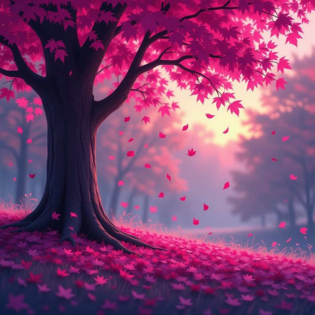 Magical Realism Tree Shedding Pink Leaves at Twilight
