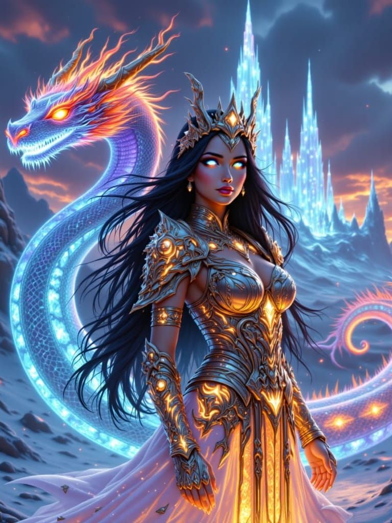 <lora:Anime style Women:1.0> <lora:cute women portrait:1.0>​A A powerful and ethereal woman stands amidst the frozen wasteland of an ancient...