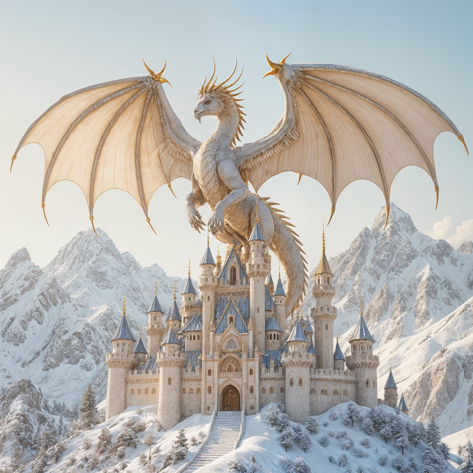 Pearlescent Dragon Above Regal Castle in Fantasy Concept Art