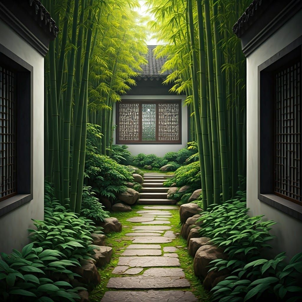 Lush Bamboo Garden with Autumnal Windows