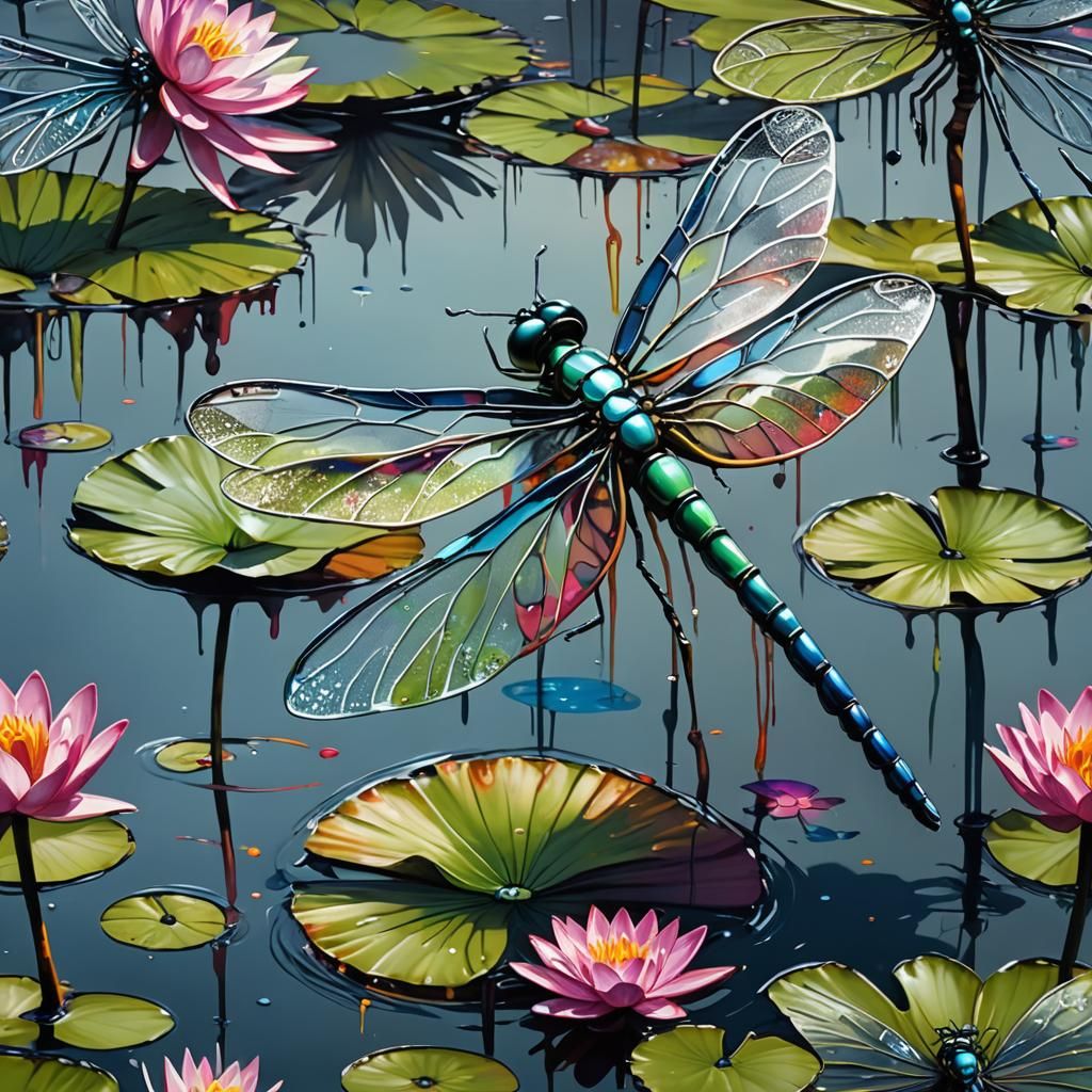 glass dragonfly, Waterlilly future Epic. graffiti art, splash art, street art, spray paint, oil gouache melting, acrylic, high contrast, col...