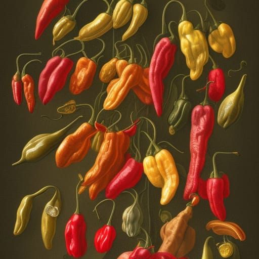 pepper varieties, botanical illustration, white background, ...