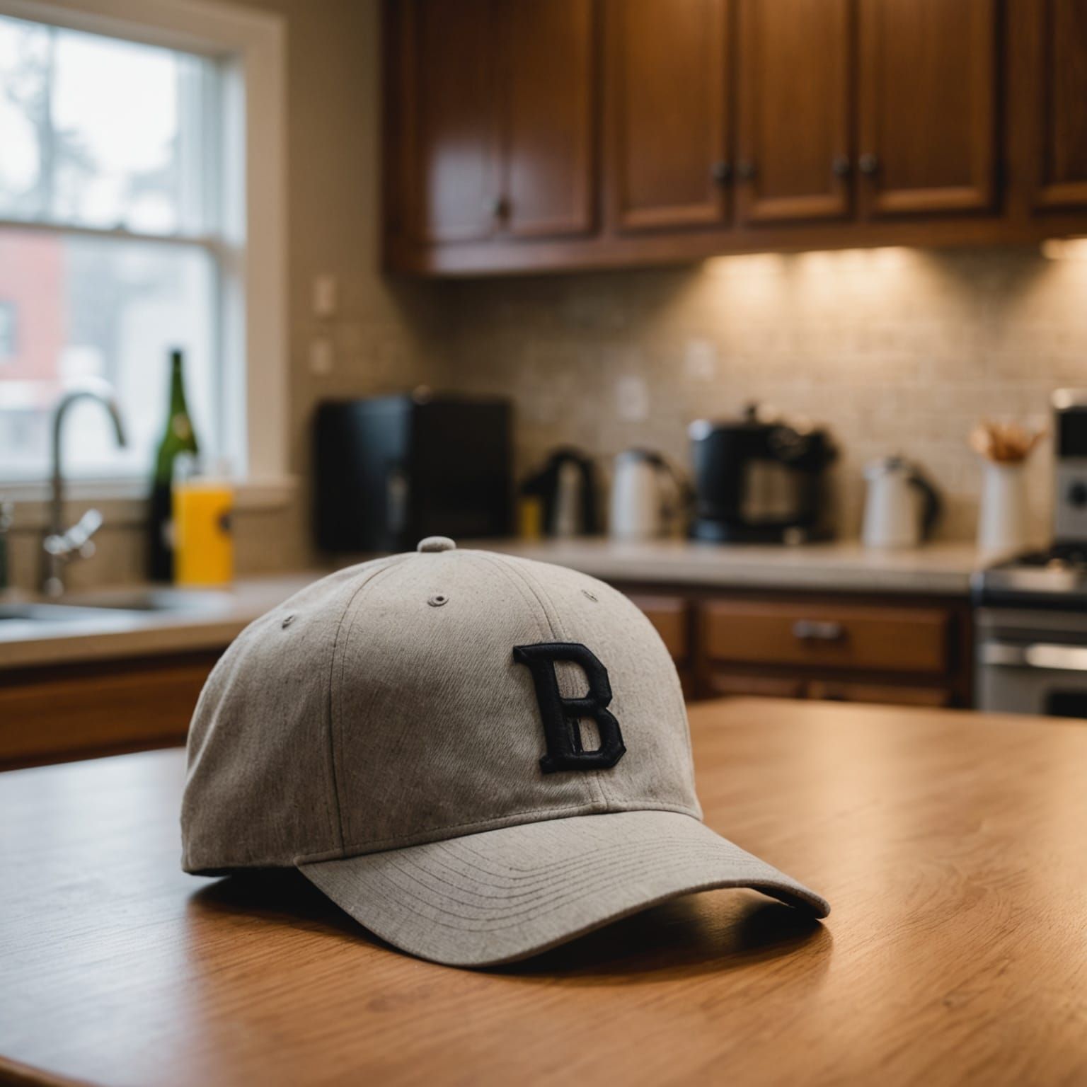Single baseball hat on kitchen table