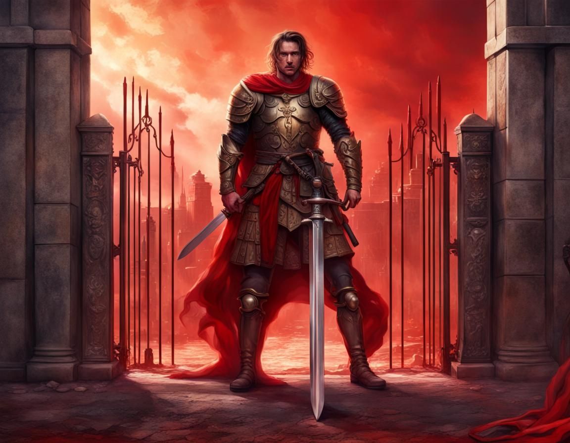 Hero dramatically waiting in anticipation at the gates of Ta...