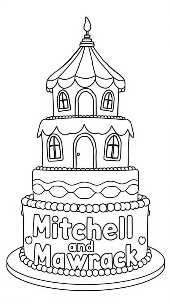 A cake that says "Mitchell and Maverick" depicting a bouncy ...
