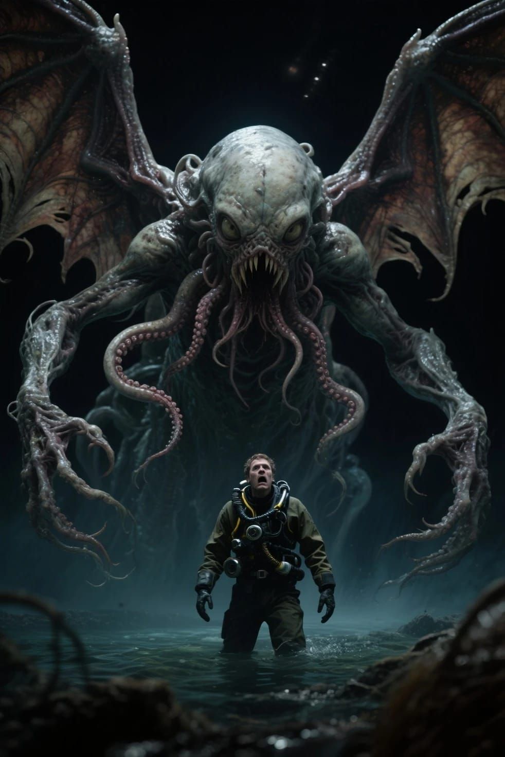 Real life style unbound angry Cthulhu looking down at you underwater.