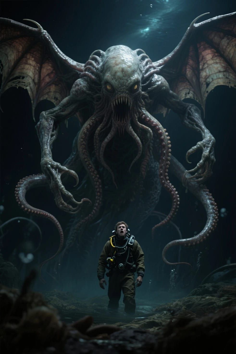 Real life style unbound angry Cthulhu looking down at you underwater.