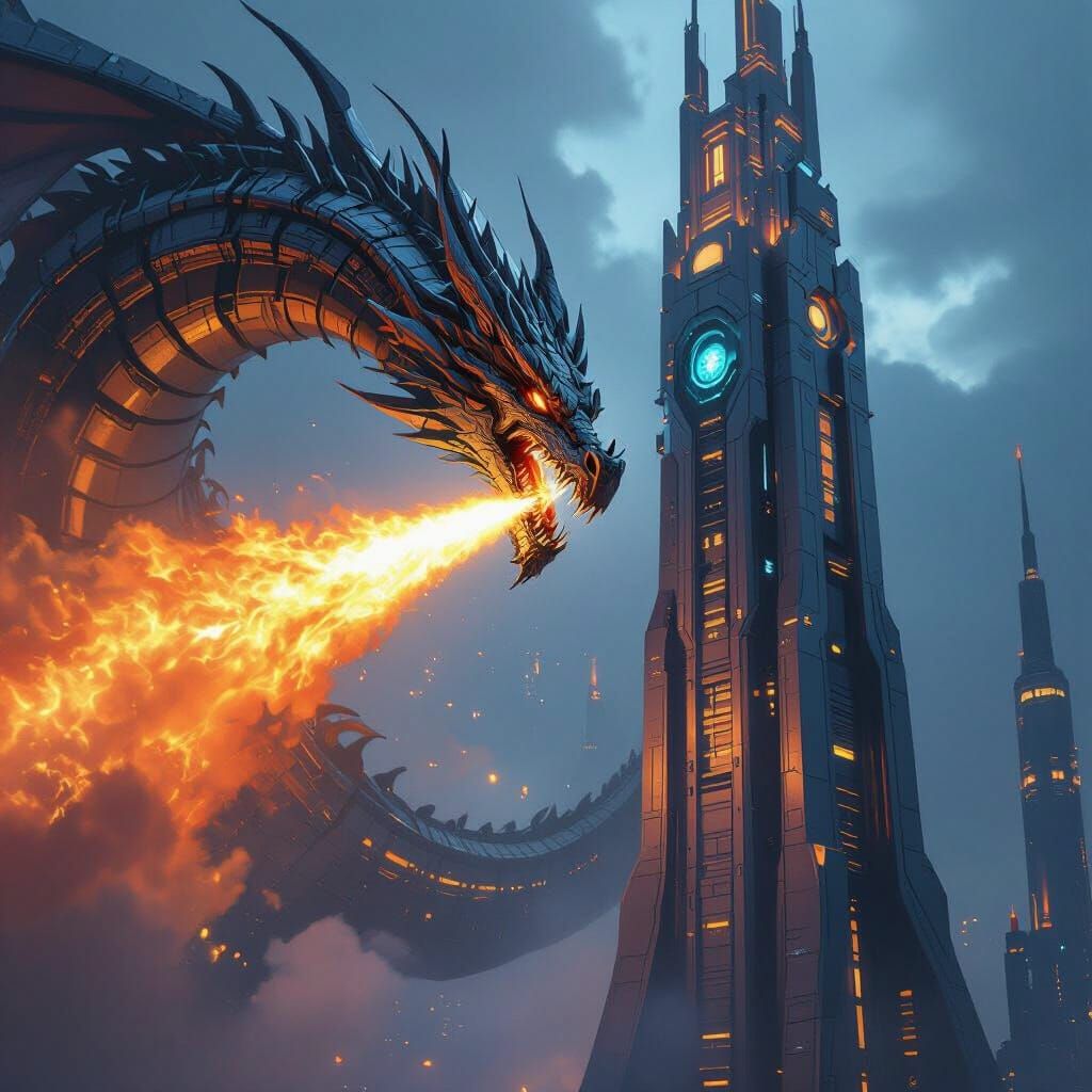 Mechanical Dragon Attacks Futuristic Tower in Sci-Fi Style