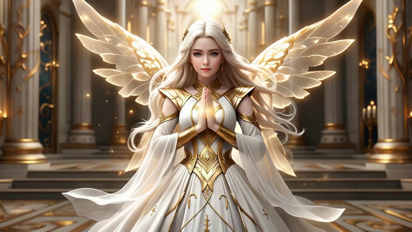 一位圣洁庄严的圣女，被纯白与金色的圣光包围，气质高贵、安静而神性十足。她有干净精致的五官、温柔却坚定的眼神，仿佛能赐予人希望。长发在光中柔顺飘动，发丝被金光勾出细亮的边。

她穿着白金色的圣女礼服，层叠的轻纱裙摆如神圣羽翼般展开，衣纹上有古...