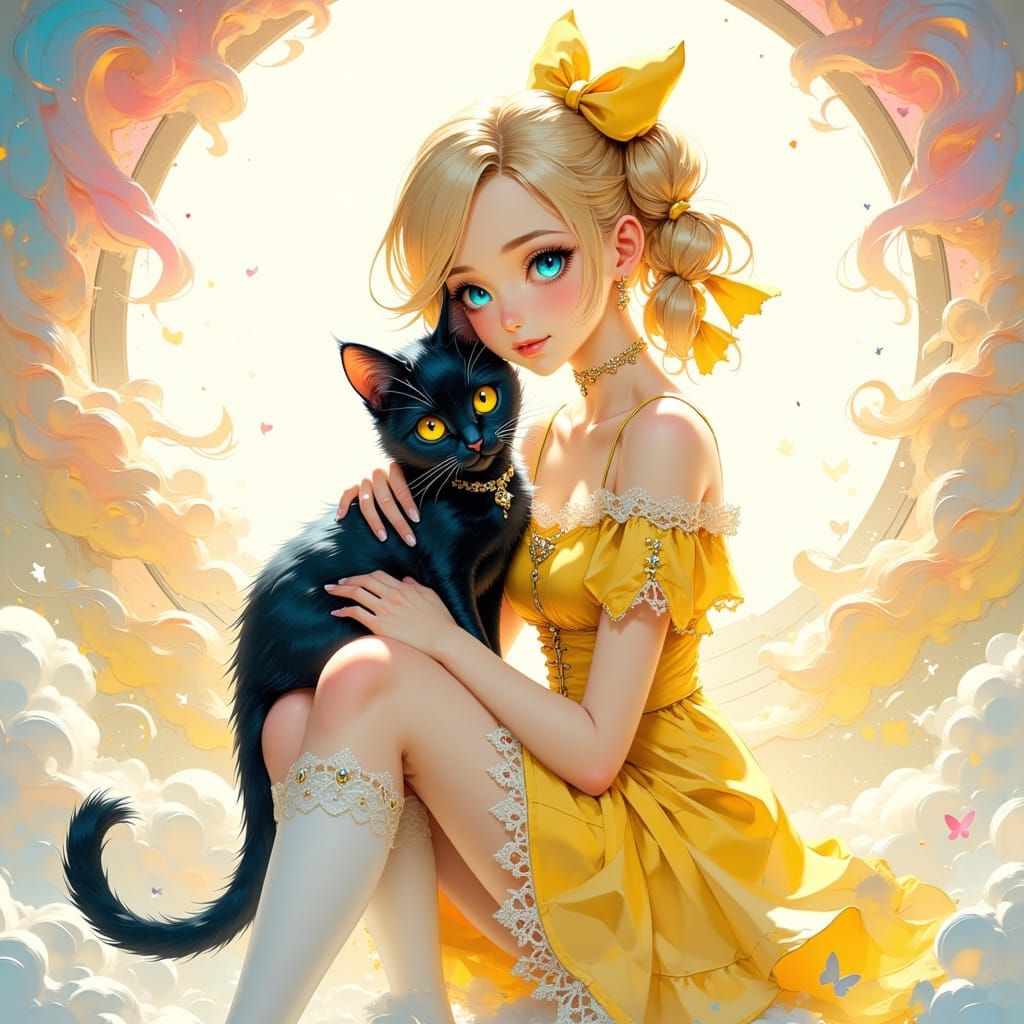 Whimsical Anime Kawaii Girl with Majestic Cat in Dreamlike B...