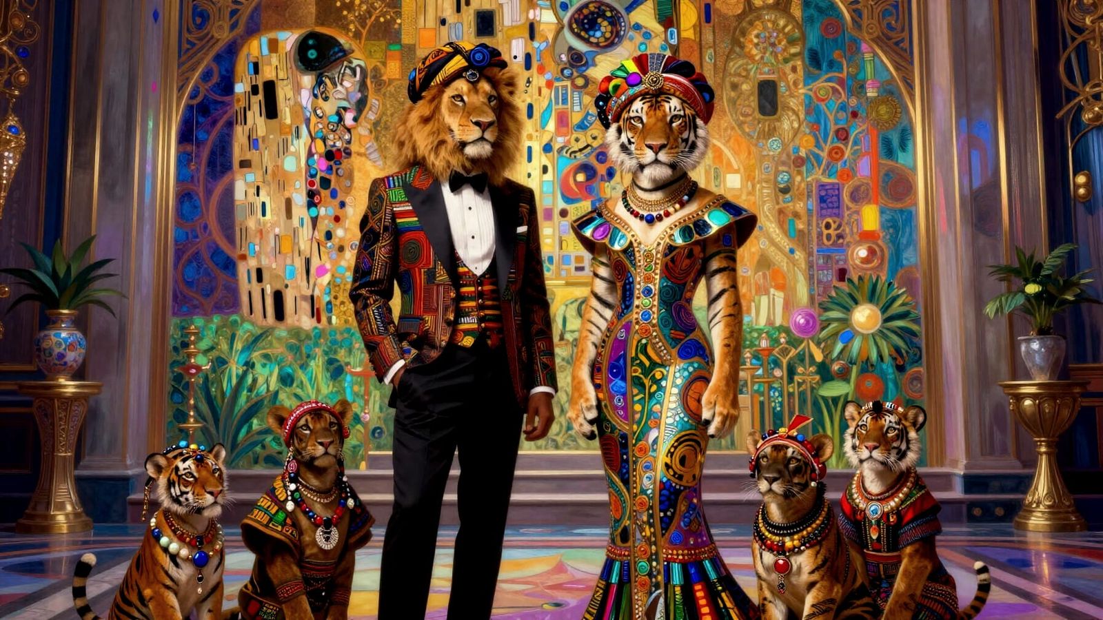 Lion and Tiger Family in Art Deco Mansion