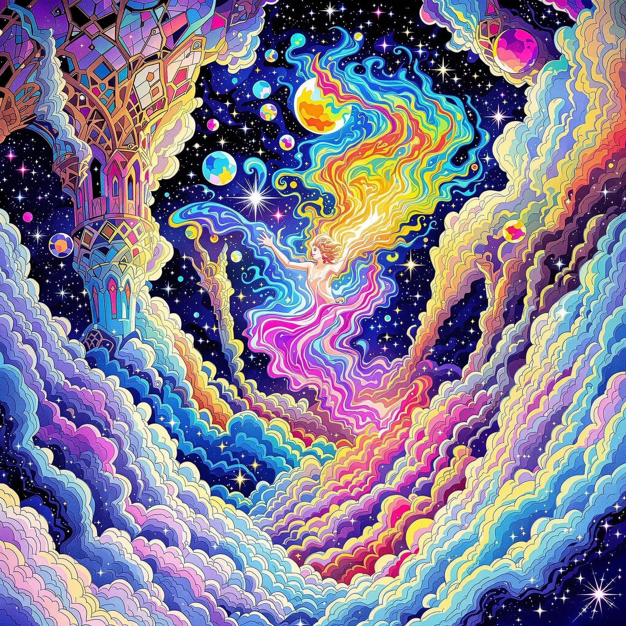 colorful galactic spirit realm detailed vector Studio Ghibli gothic art surrealism cubism 