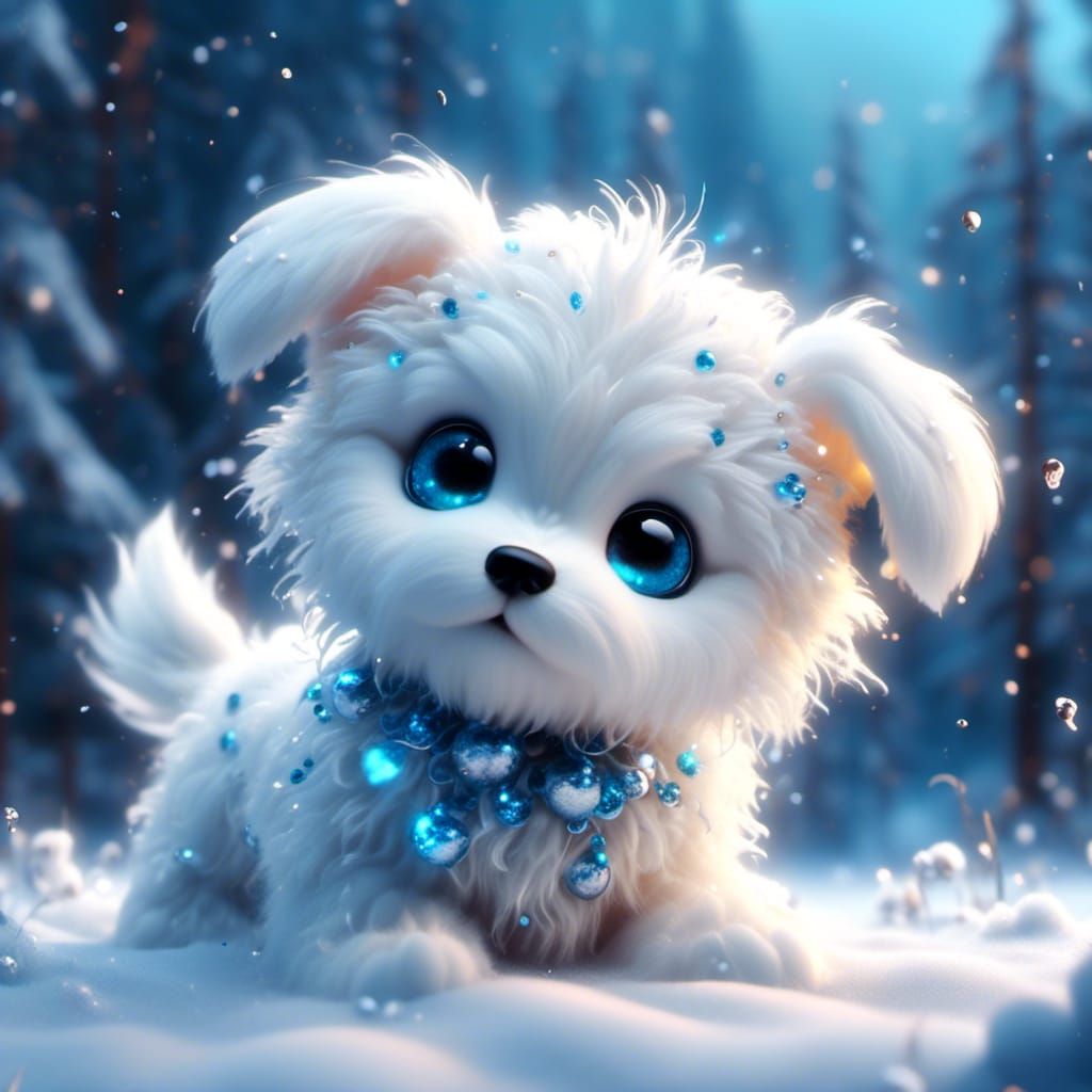 <lora:3d Chibi Imagination:1.0> closeup cute baby white fluffy puppy with sparkly blue eyes, in the snow, beautiful lighted blurry backroun...