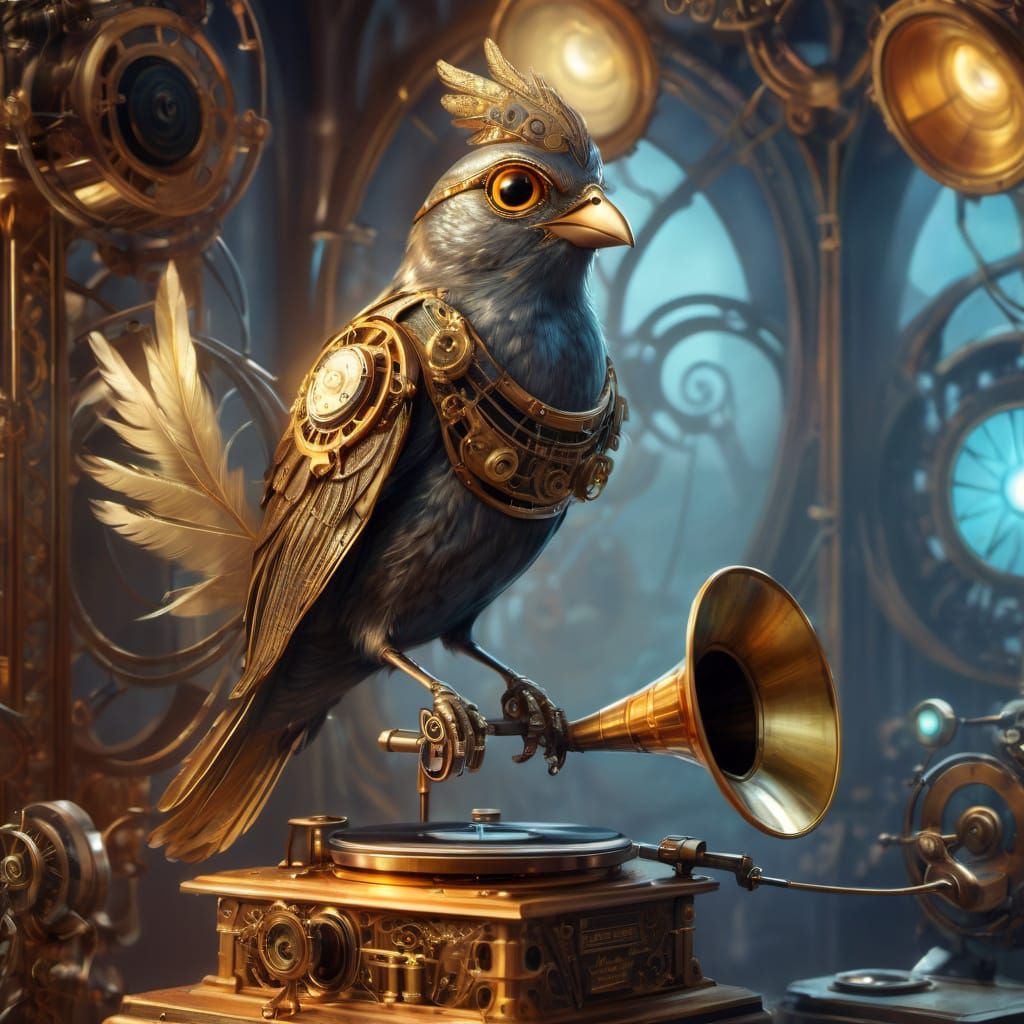 A steampunk cyborg nightingale with intricately woven gears and wires,  metallic feathers, perched ...  by @Sumikokeel